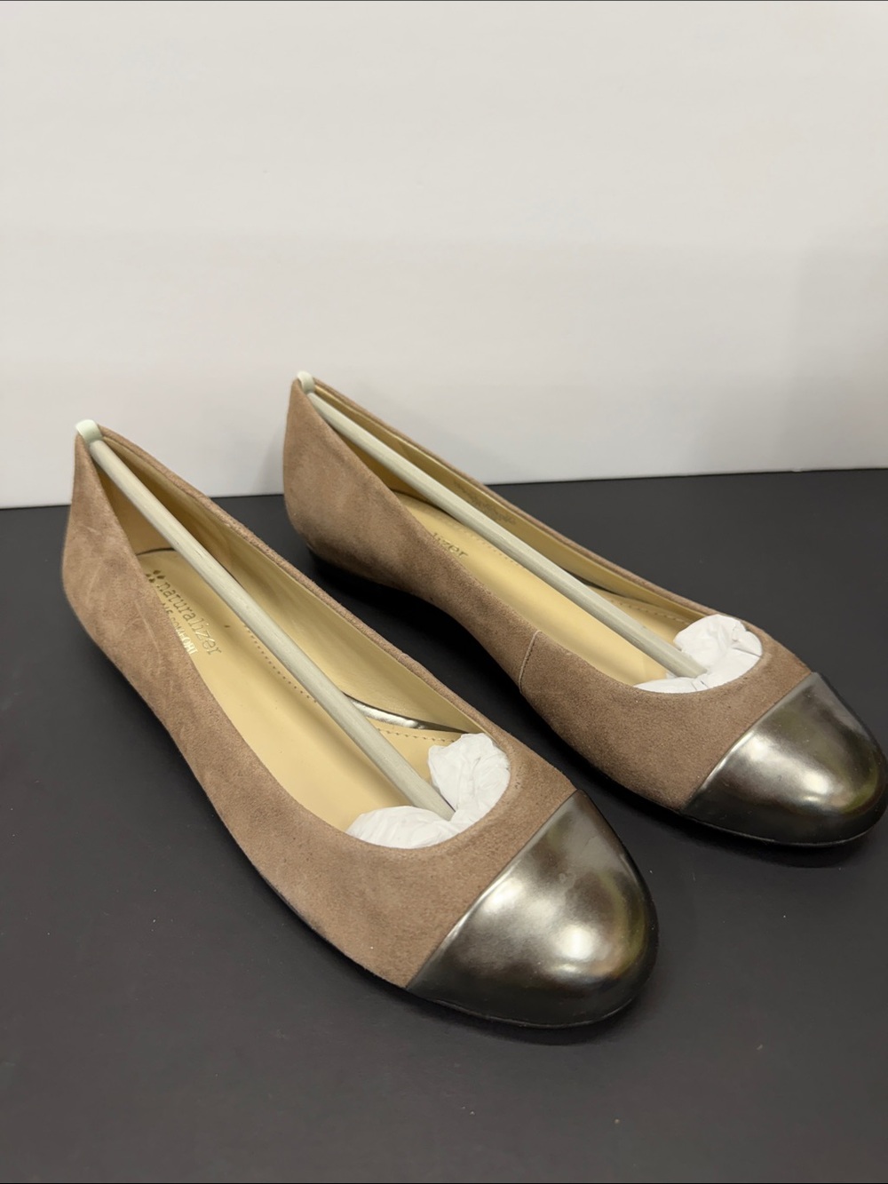 Naturalizer Taupe Suede Flats with Metallic Cap Toe